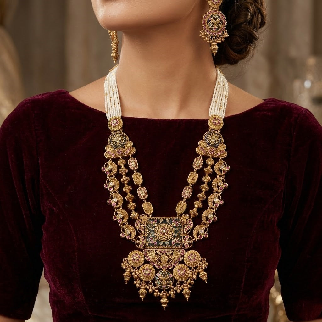 Ruby & Enamel Work Matte Gold Traditional Long Necklace Set
