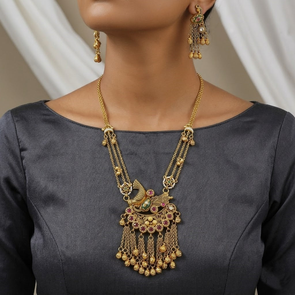 Antique Gold Plated Peacock Necklace Set with Ruby and Green Stones