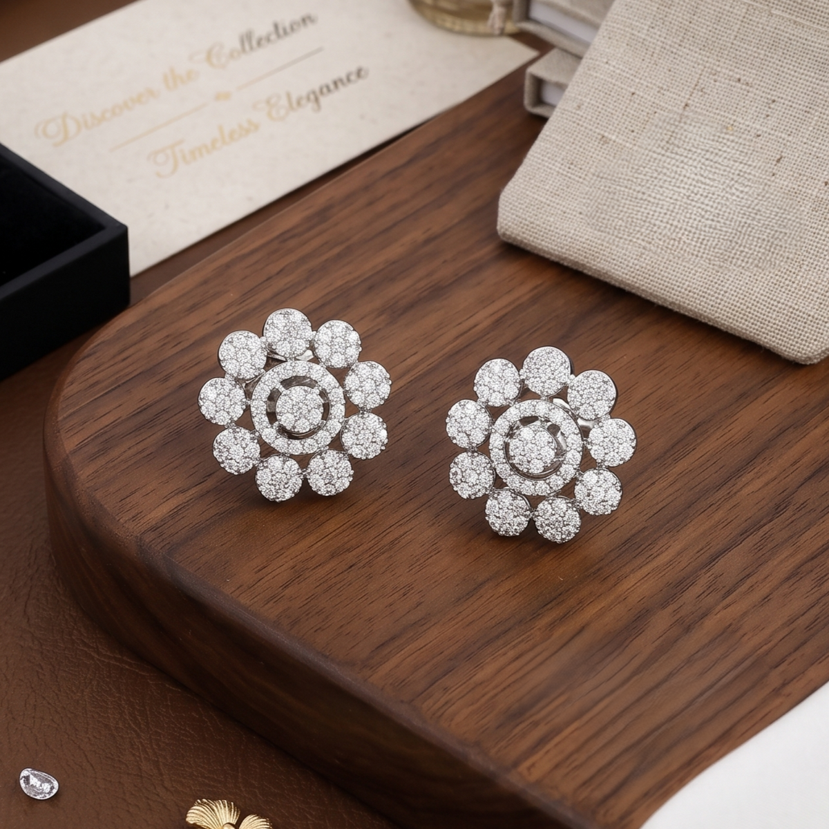 Silver Polished Multi-Petal Crystal Flower Studs