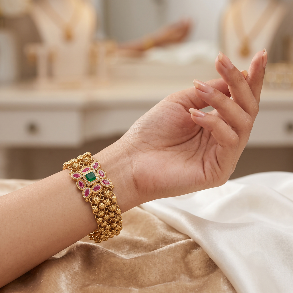 Antique Gold Finish Ruby & Emerald Bracelet