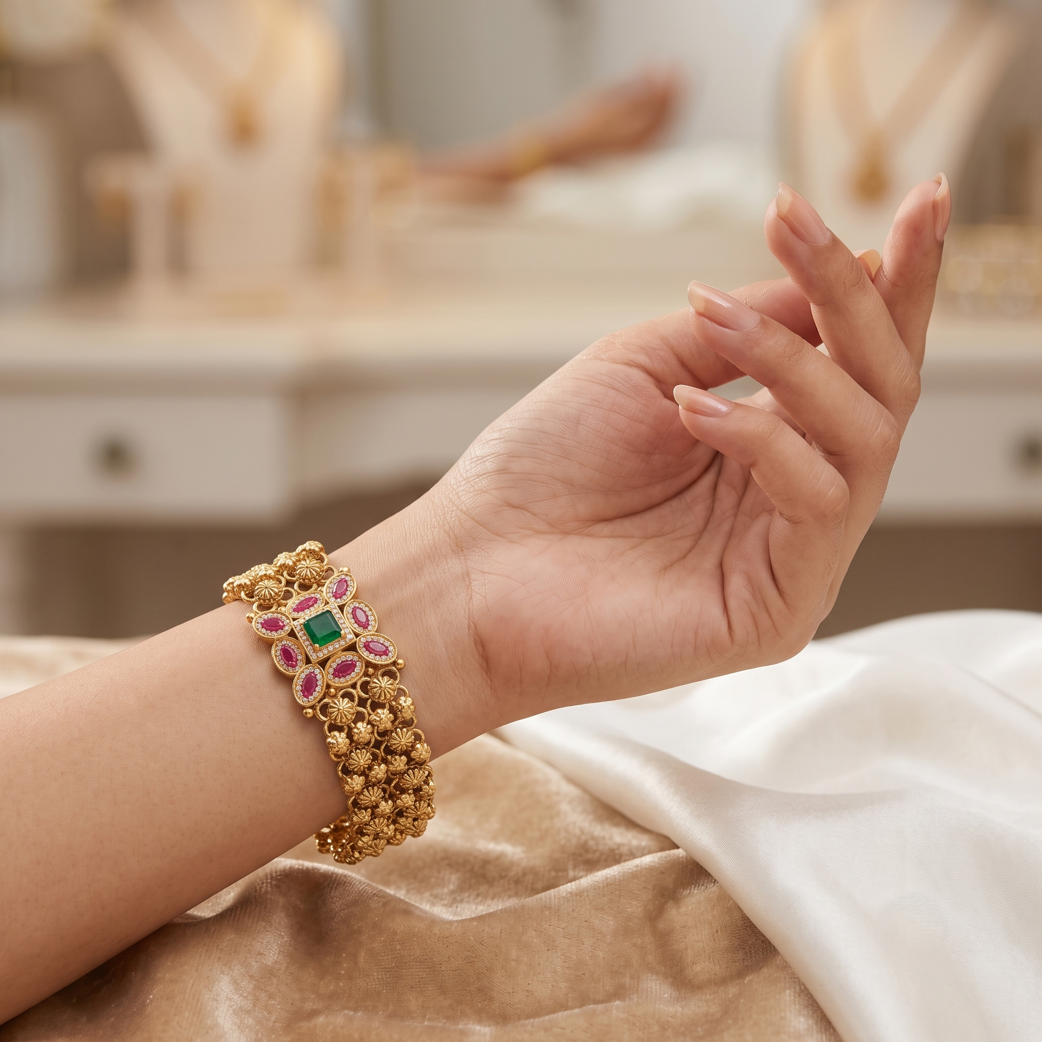 Antique Gold Finish Ruby & Emerald Bracelet