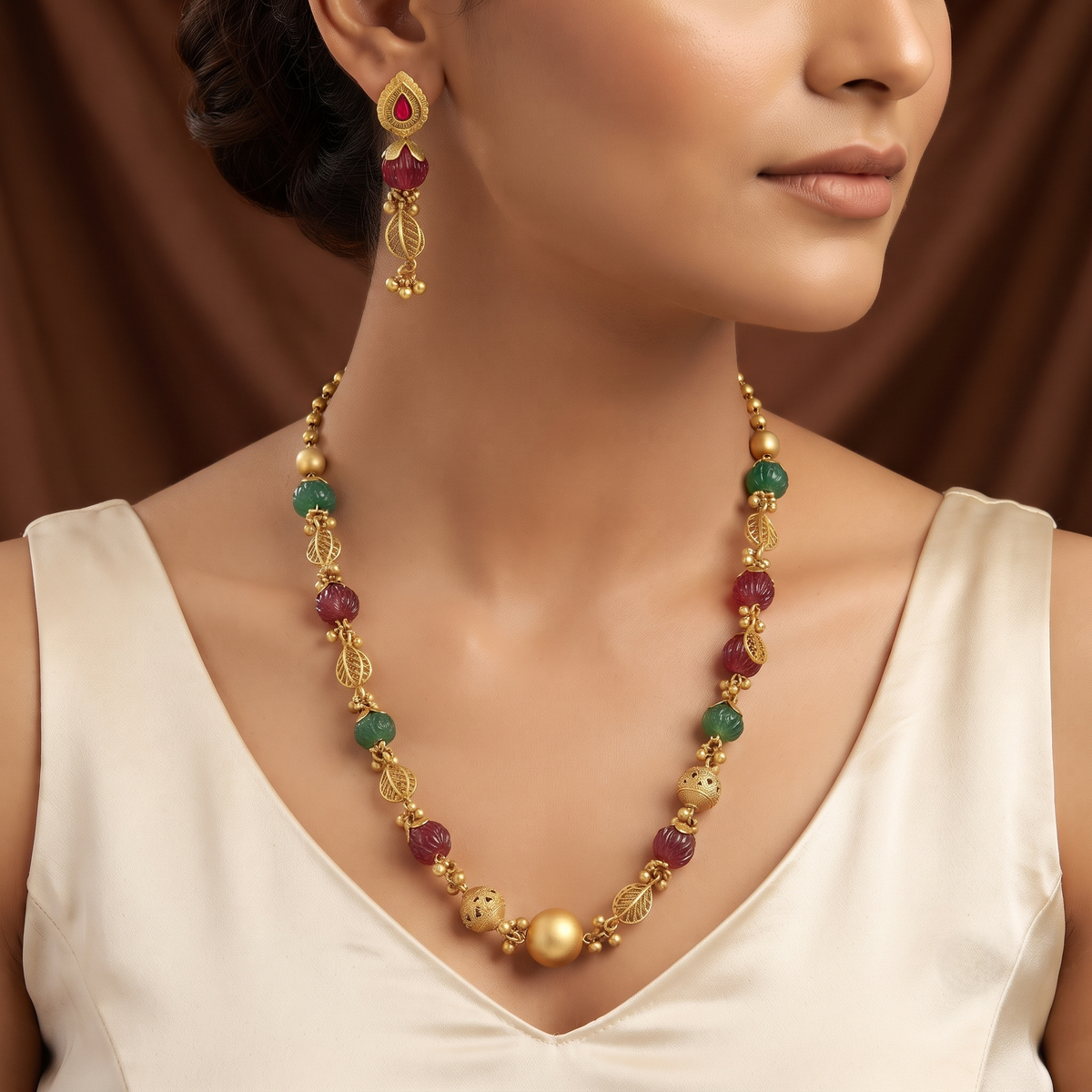 Traditional Gold-Plated Ruby & Green Stone Beaded Mala Set