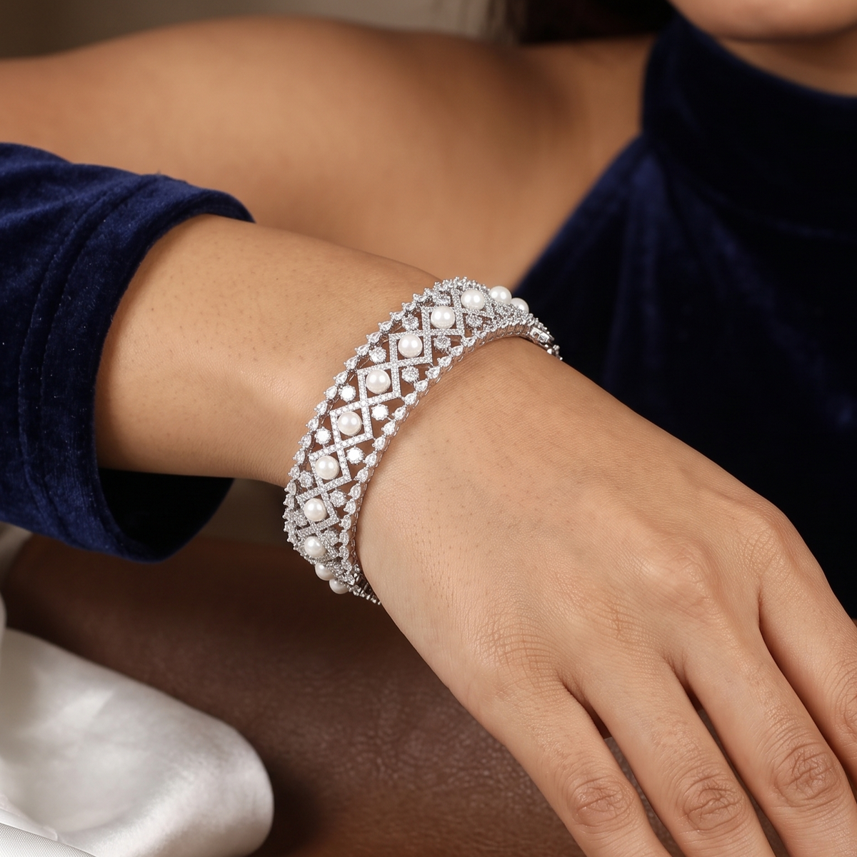 Lattice Pearl & Stone-Embellished Silver Finish Bangle Bracelet