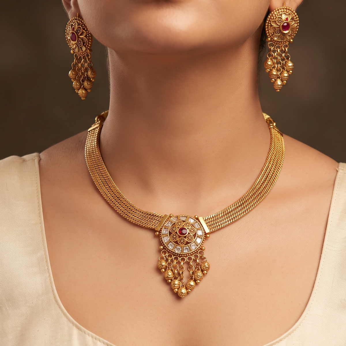 Traditional Gold-Plated Multi-Strand Pendant Necklace Set