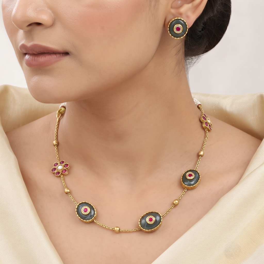 Traditional Gold-Plated Enamel Station Necklace Set