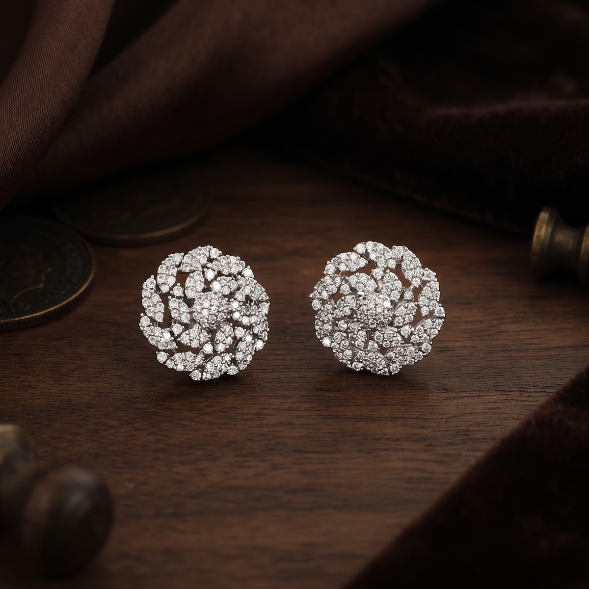 Silver Spiral Pavé Diamond Floral Cluster Stud Earrings