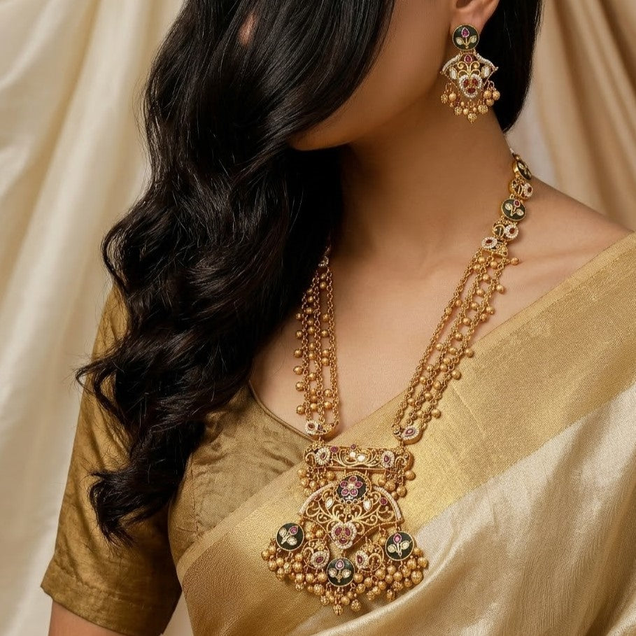Vintage Gold-Plated Meenakari & Jhumki Necklace Set