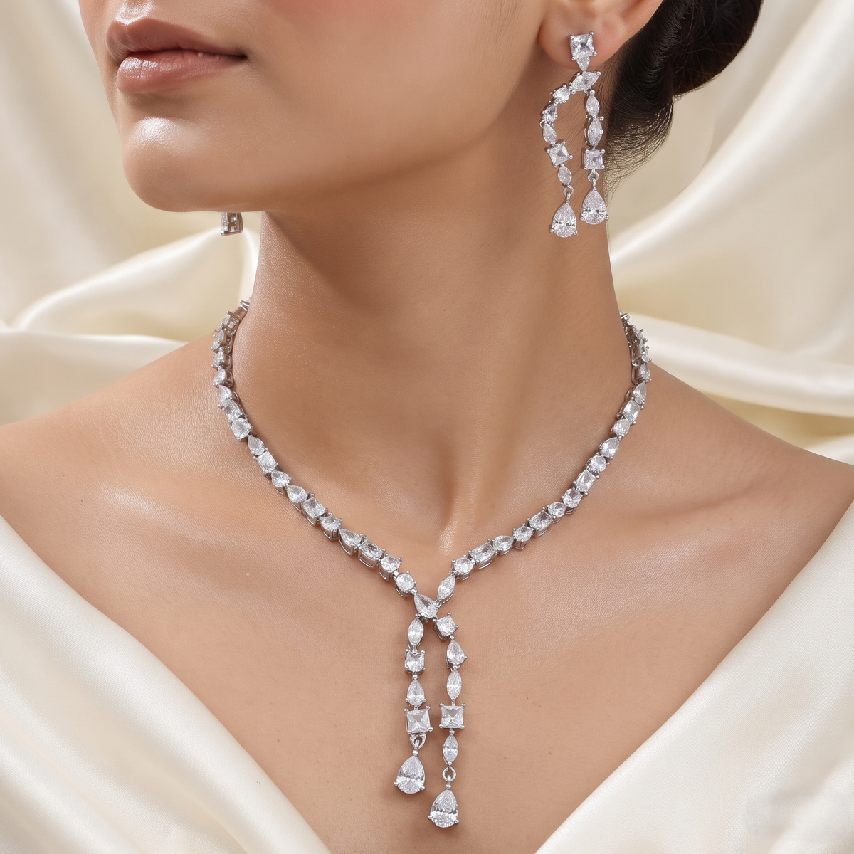 Silver Polished Dainty CZ Drop Necklace & Earring Set