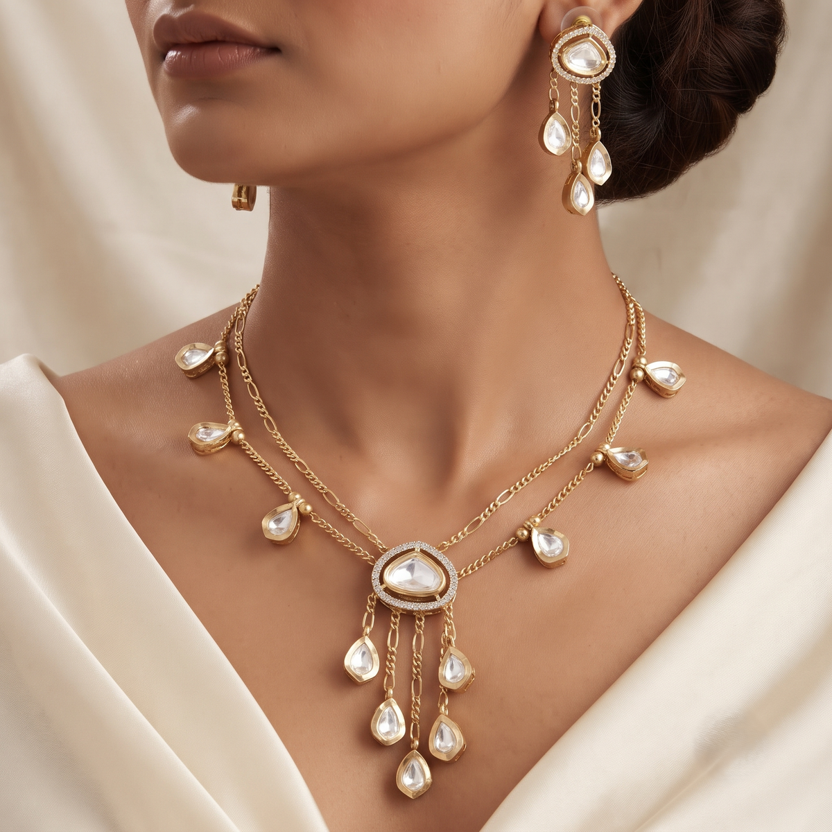 Layered Polki Stone Gold Necklace & Earring Set