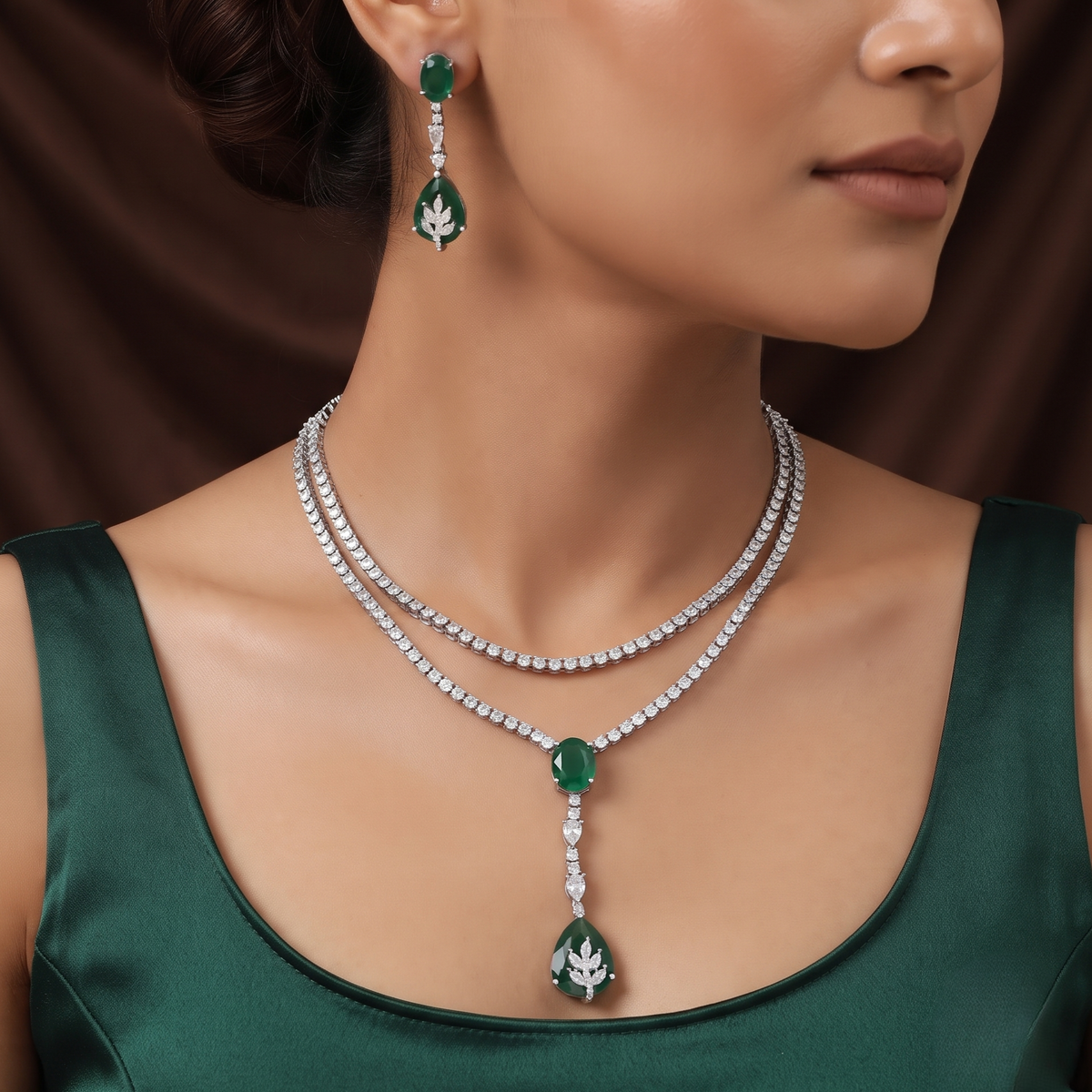Layered Crystal & Green Stone Drop Lariat Necklace Set