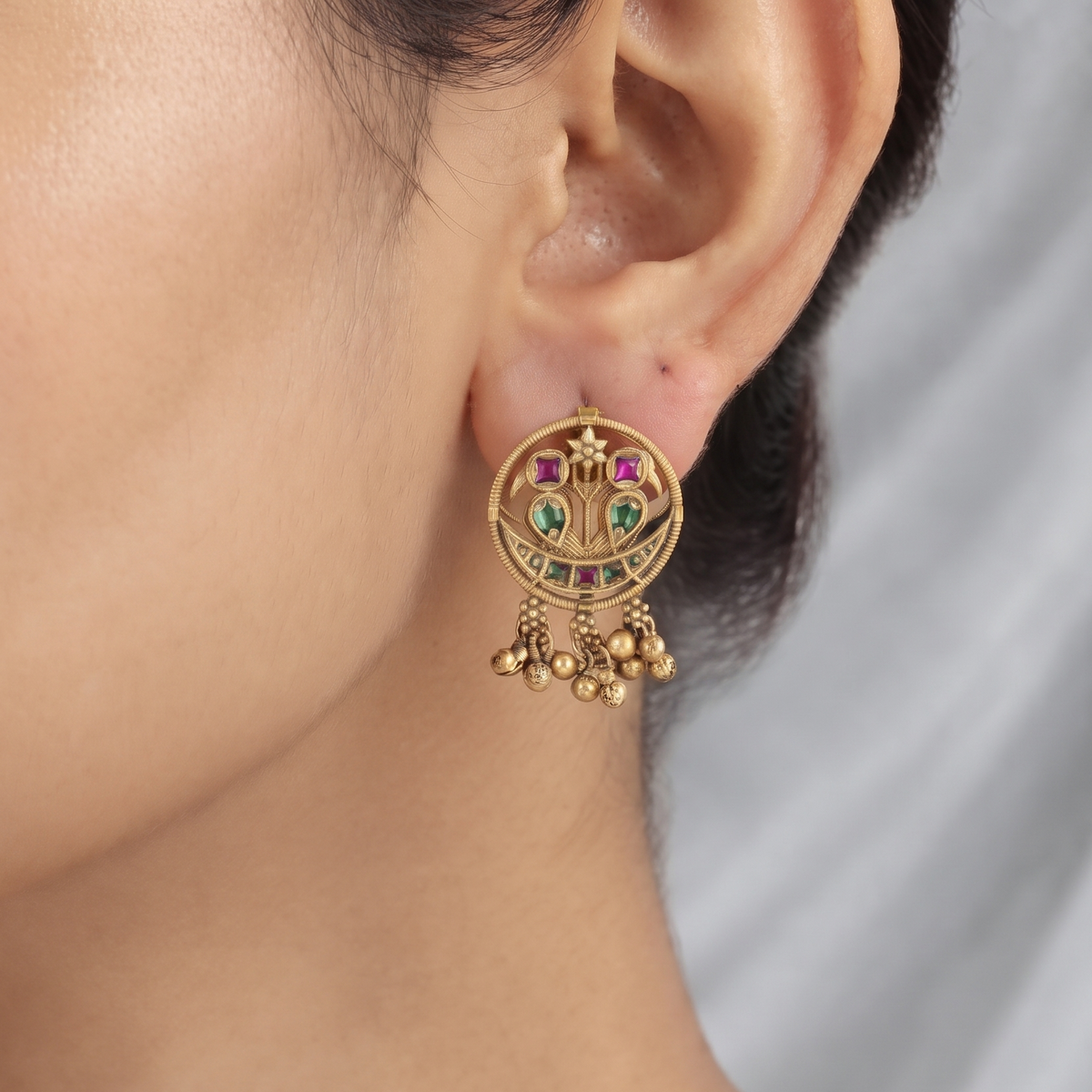 Antique Gold Circular Stud Earrings with Ghungroo Drops