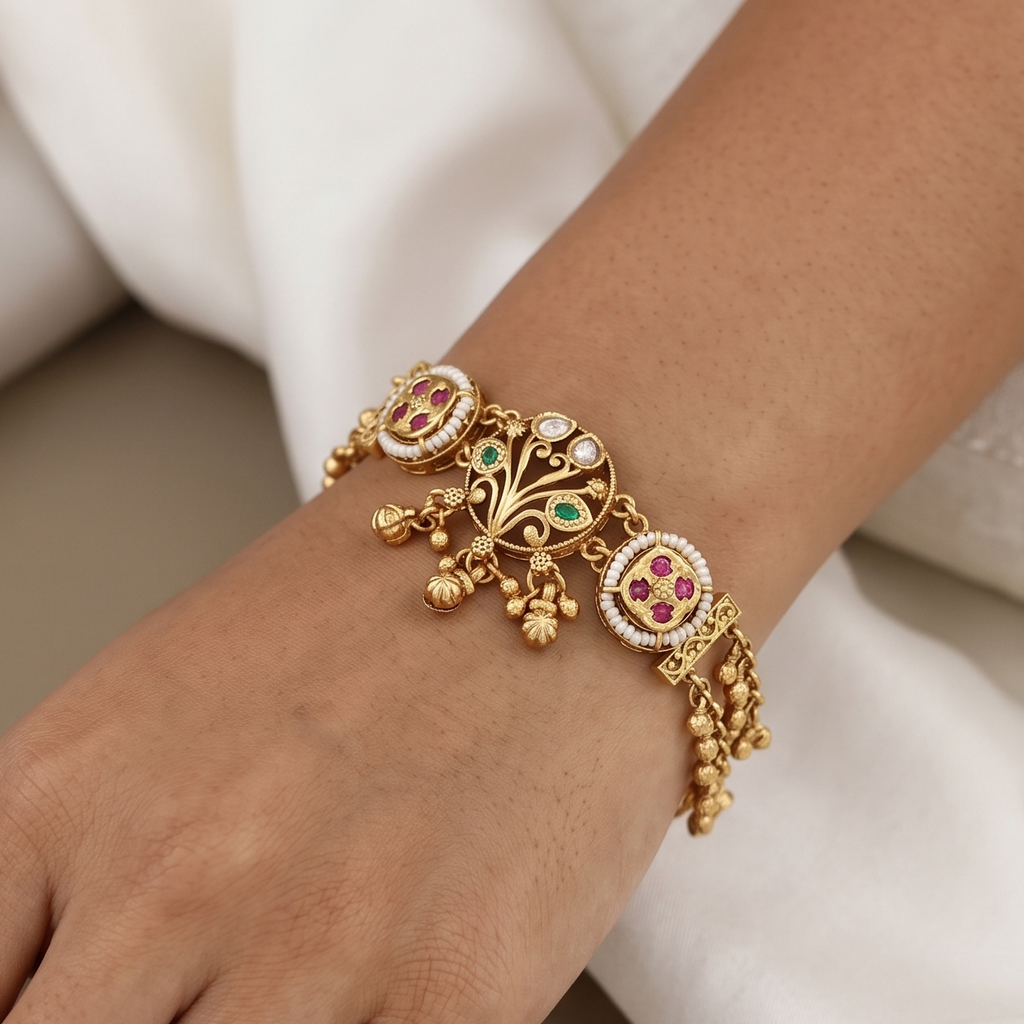 Antique Gold Finish Stone-Studded Charm Bracelet