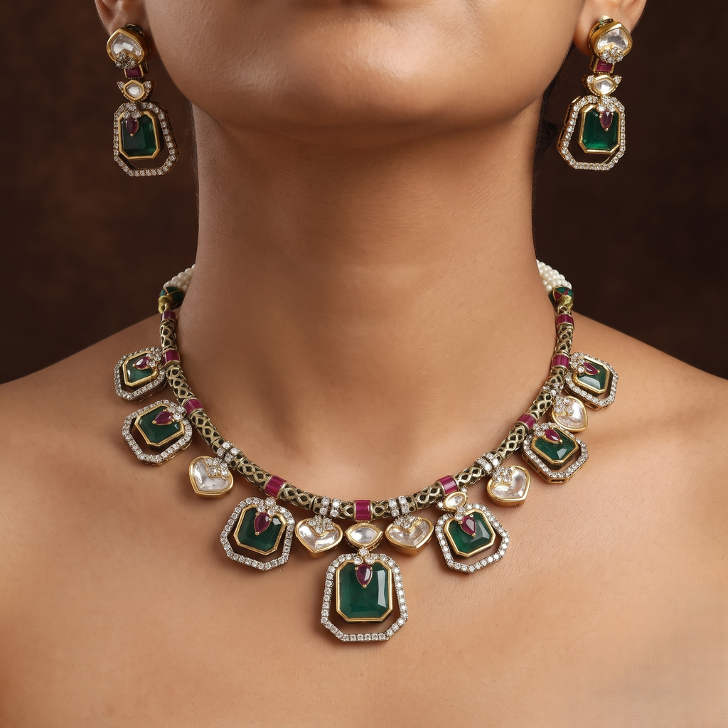 Geometric Emerald & Polki Wedding Necklace Set