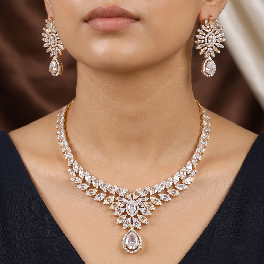 Luxe Gold-Plated Cubic Zirconia Bridal Necklace & Earrings Set