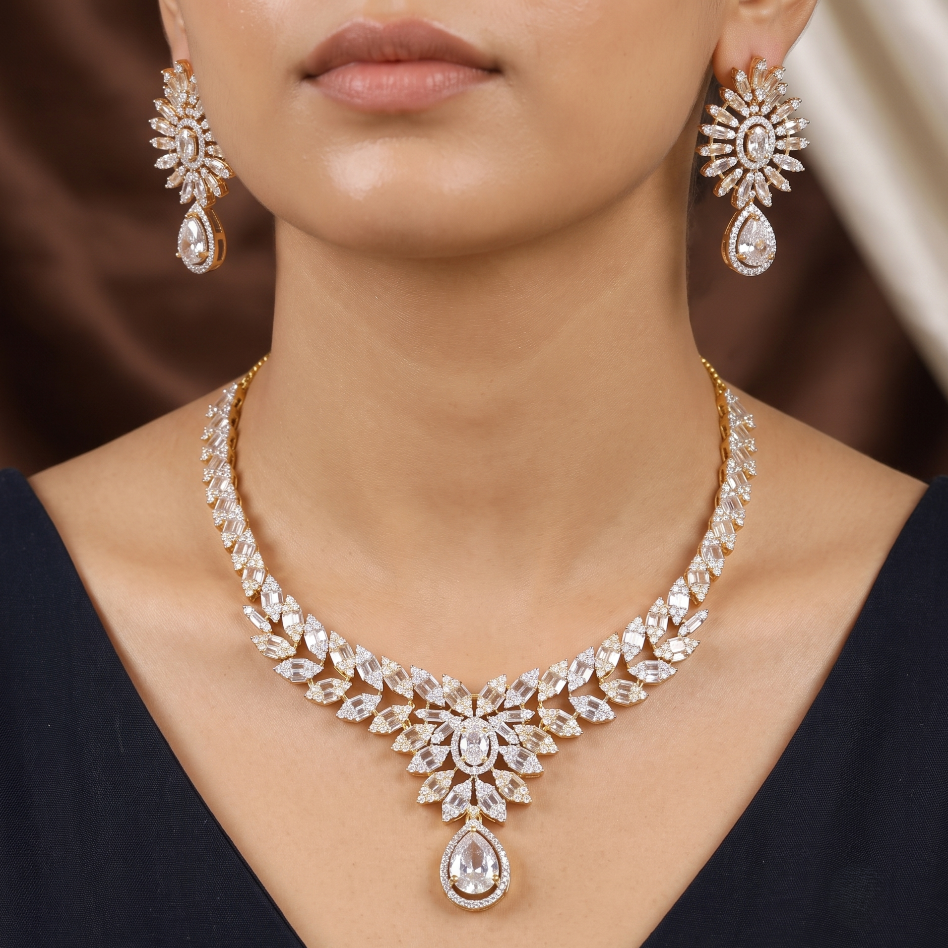 Luxe Gold-Plated Cubic Zirconia Bridal Necklace & Earrings Set