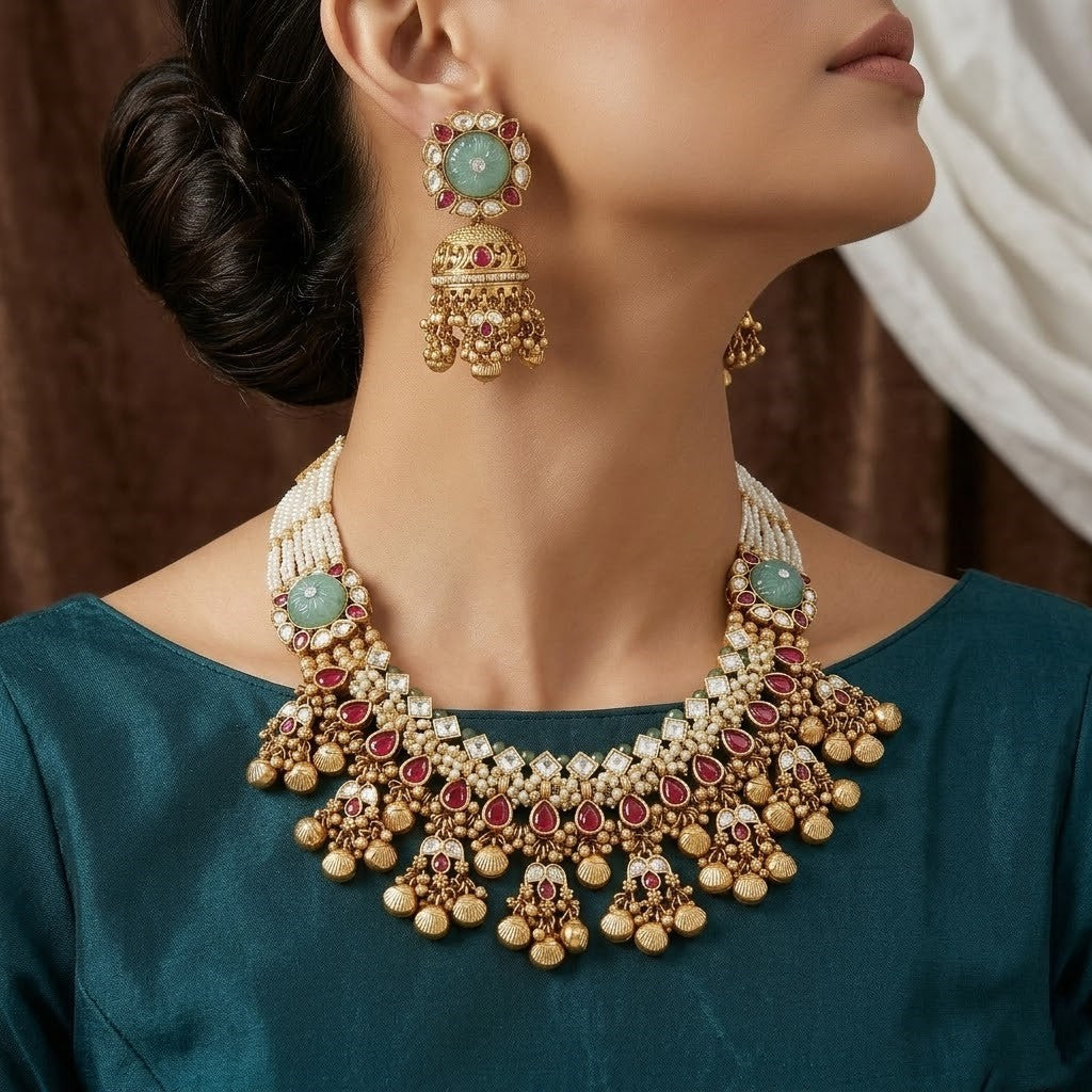 Grand Kundan & Ruby Necklace Set with Jhumka Earrings