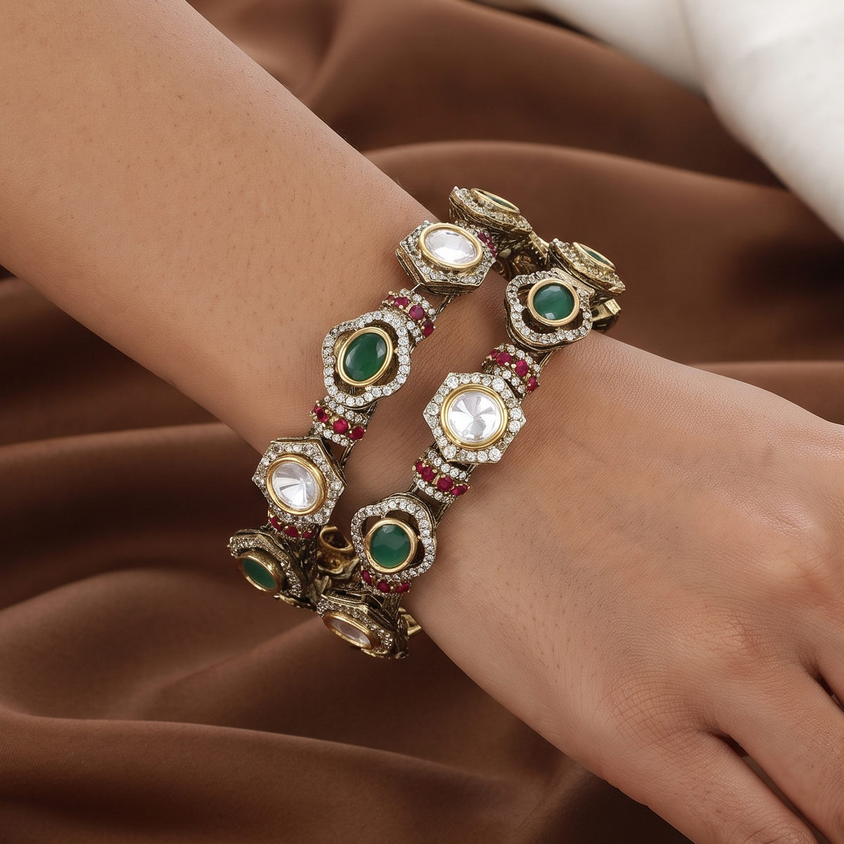 Royal Jadau Style Polki Patla Set with Ruby & Emerald Highlights