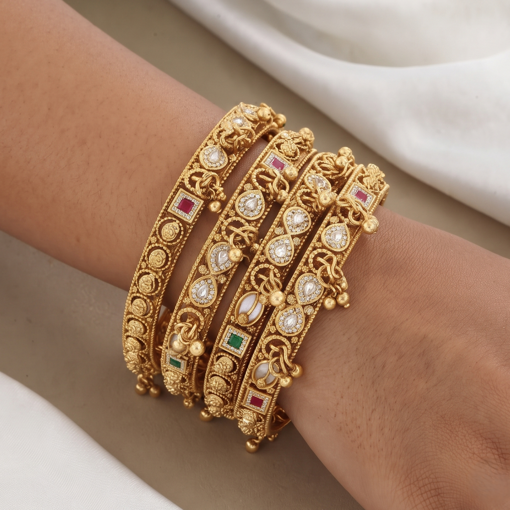 Gold-Plated Polki & Gemstone Designer Bangles