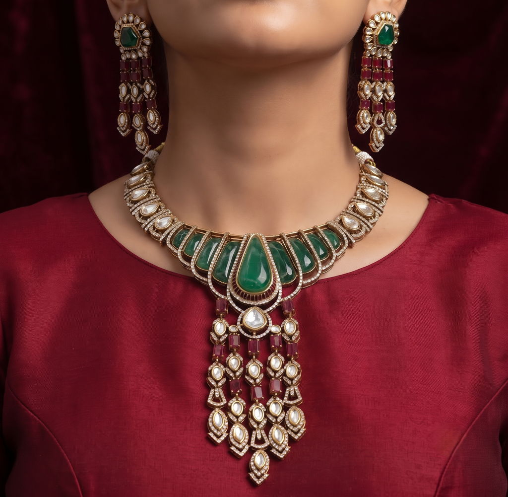 Regal Polki, Emerald & Ruby Statement Necklace Set