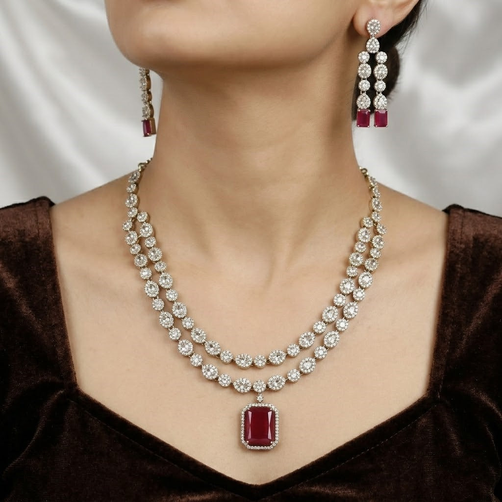 Mehndi Elegant Ruby & American Diamond Double Layer Necklace Set