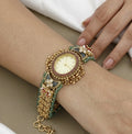 Antique Gold Temple Bracelet Watch with Green Beads & Ruby Accents