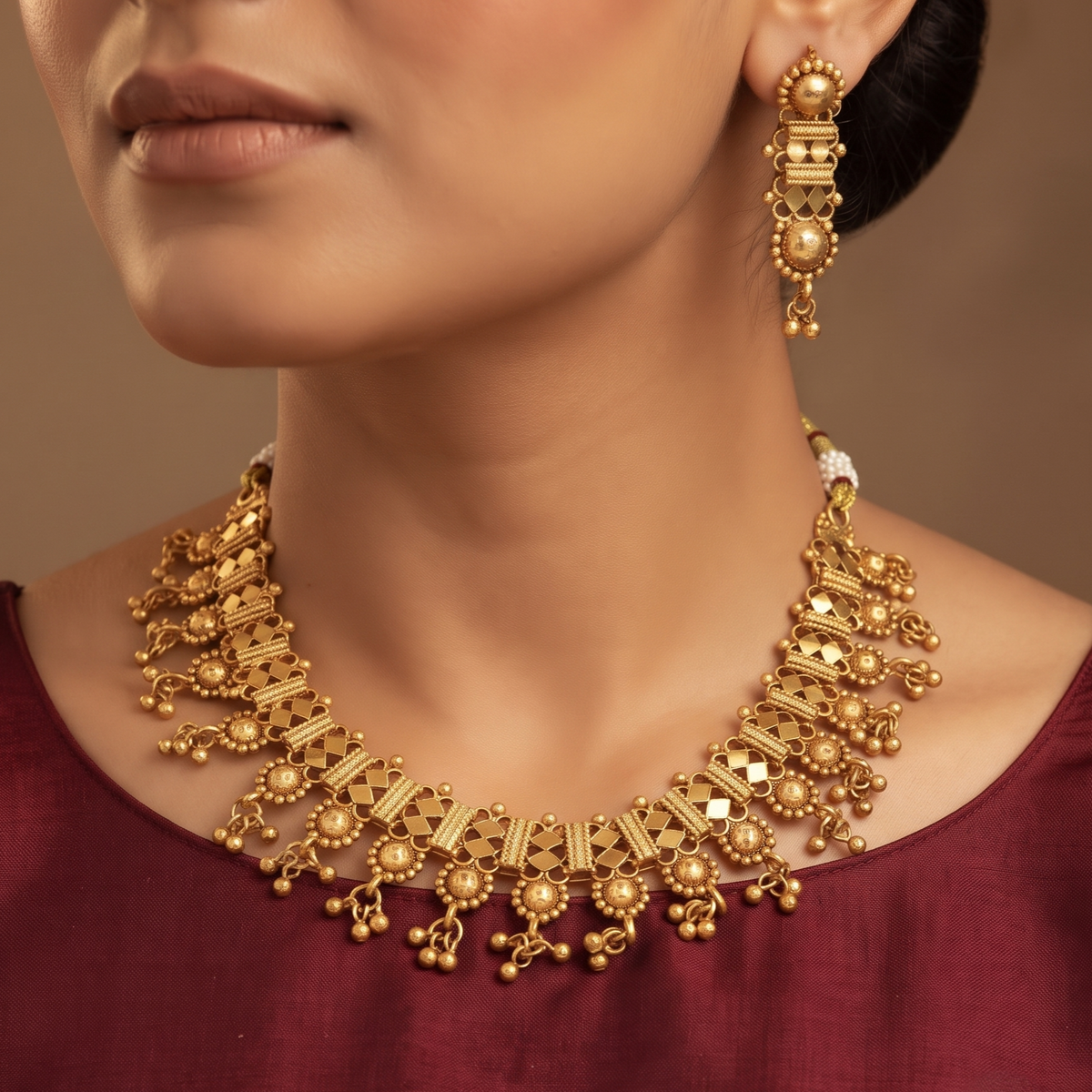 Traditional Gold-Plated Textured Geometric Choker Necklace Set
