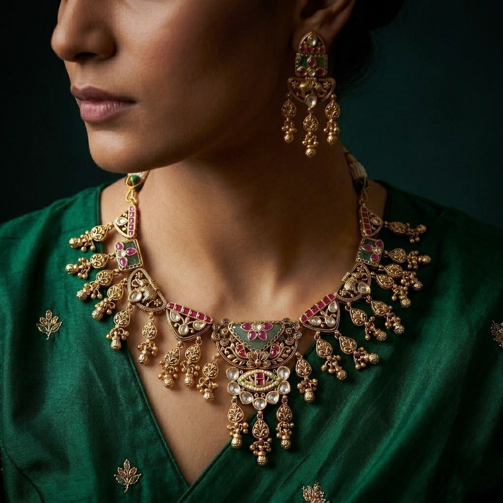 Antique Gold Plated Necklace Set with Dark Enamel & Danglers