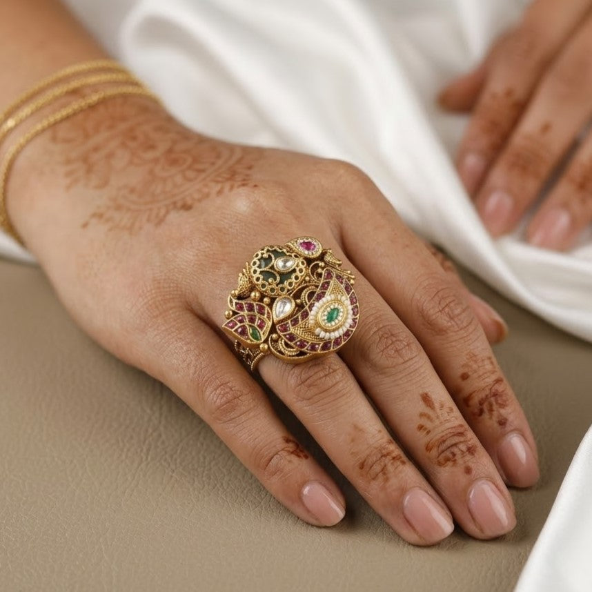 Traditional Kundan & Meenakari Heritage Free Size Ring