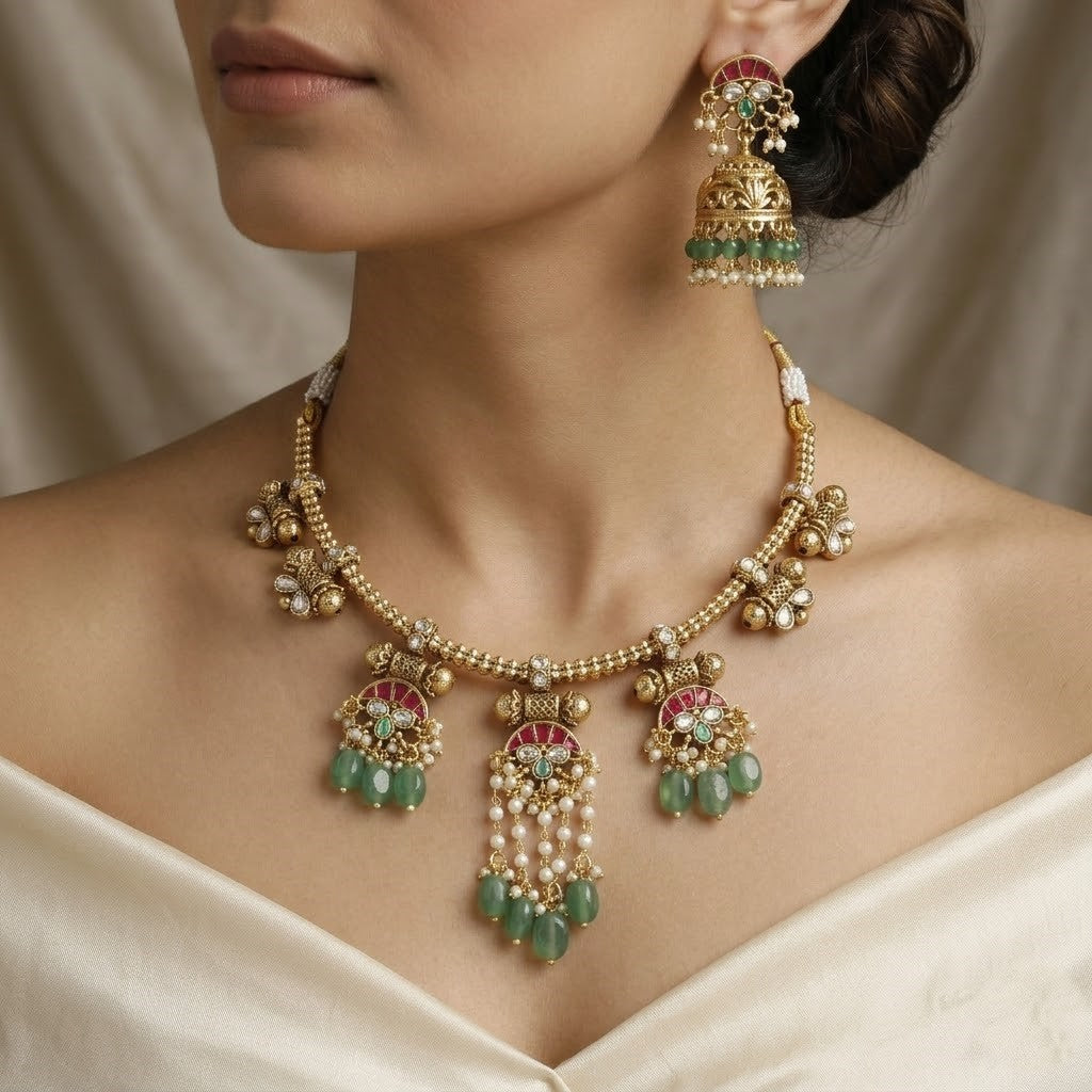 Traditional Green Bead Antique Kundan Necklace & Jhumka Set