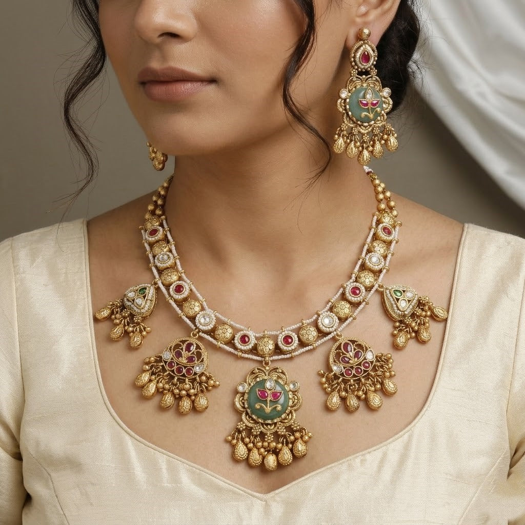 Exquisite Antique Gold Plated Necklace Set with Kundan & Ruby