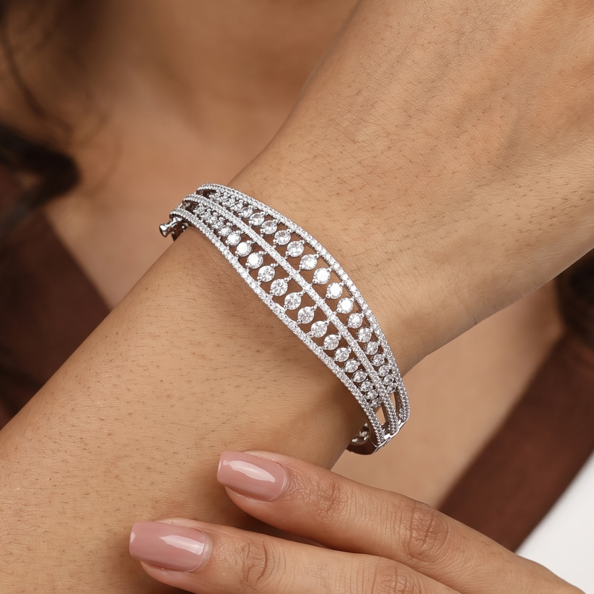Multi-Row Diamond Silver Polished Finish Bangle Bracelet