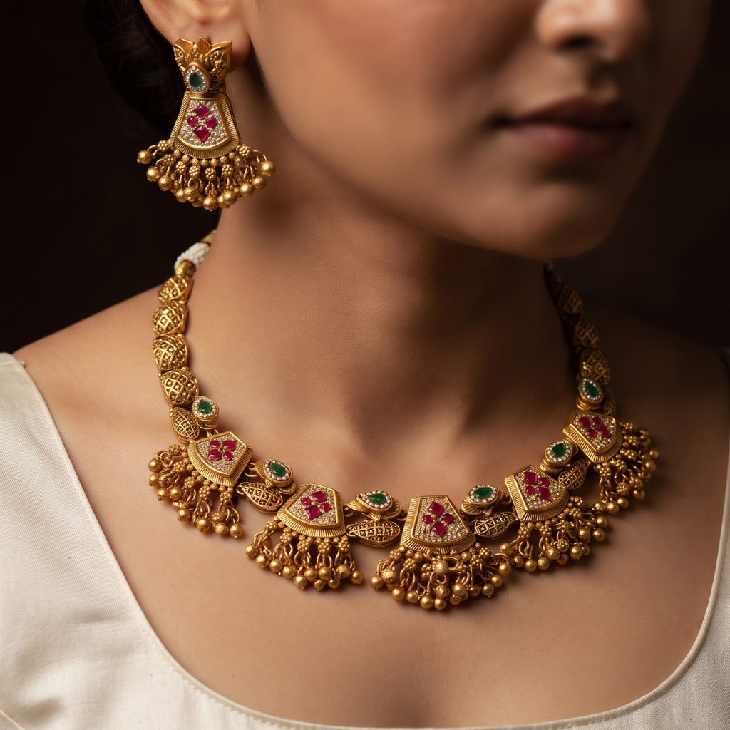 Traditional Gold-Plated Stone-Studded Choker Necklace Set