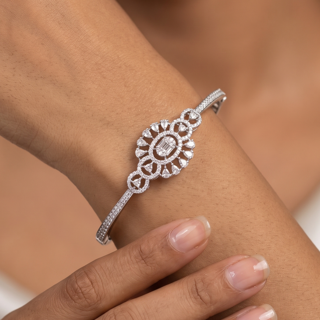 Elegant Diamond-Studded Silver Polished Finish Bracelet