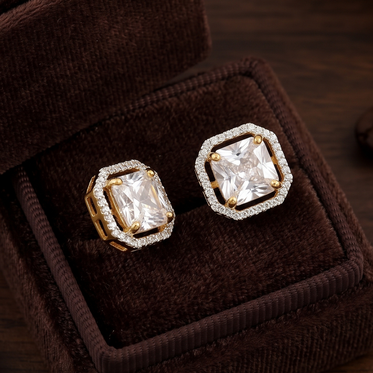 Golden Cushion Cut Solitaire Halo Stud Earrings
