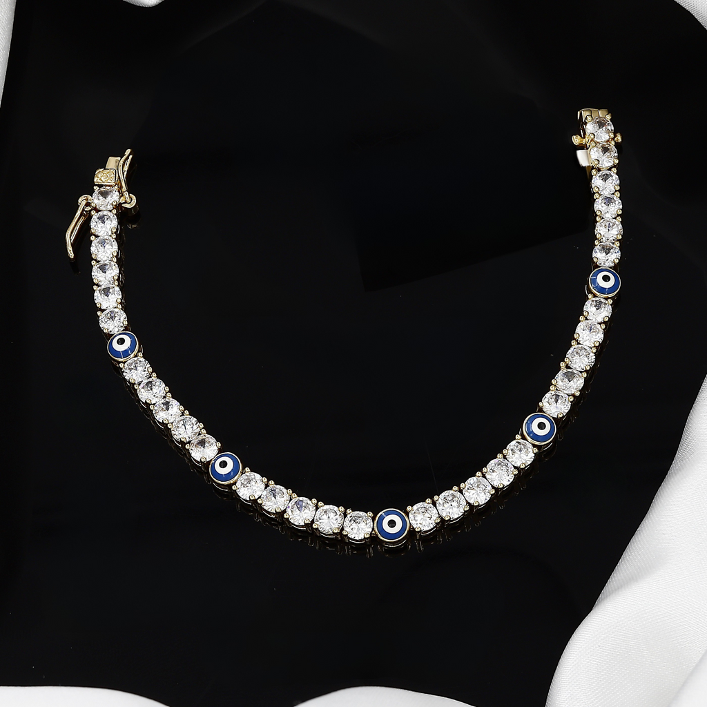 Gold Evil Eye Tennis Bracelet with CZ Stones