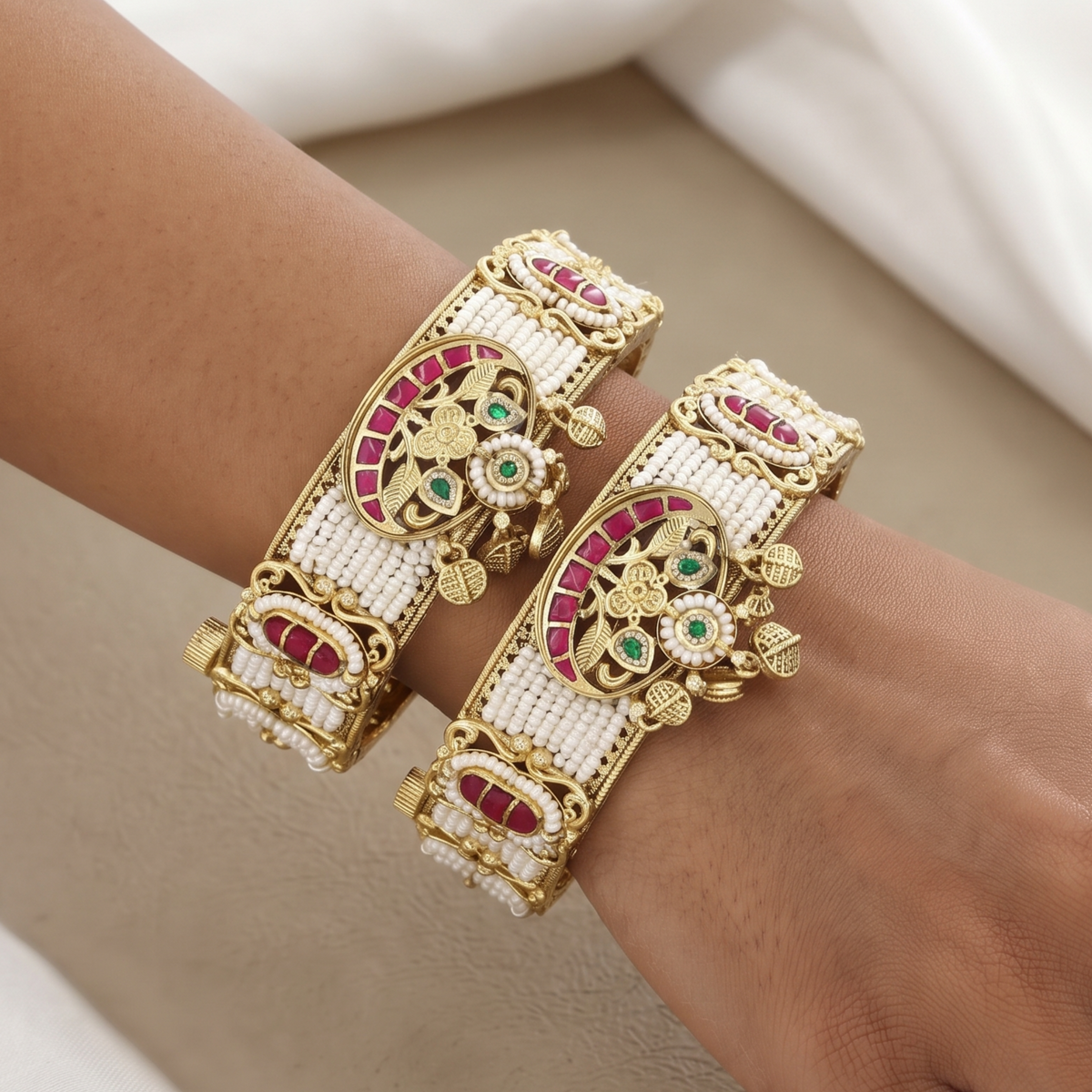 Wedding Ruby & Pearl Gold Patla Bangle Patla Set