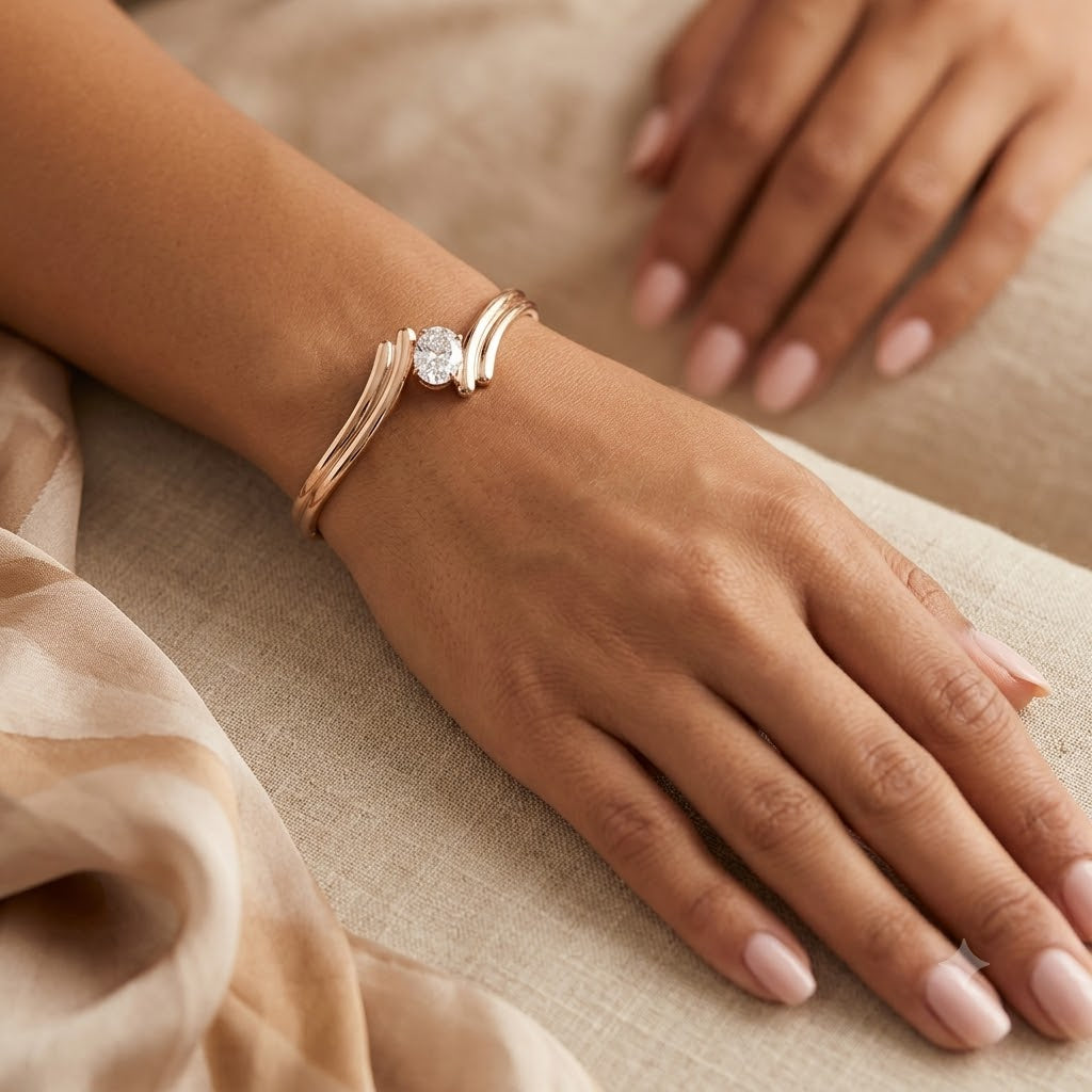 Rose Gold Bypass Cuff Bracelet with Oval Solitaire CZ Stone