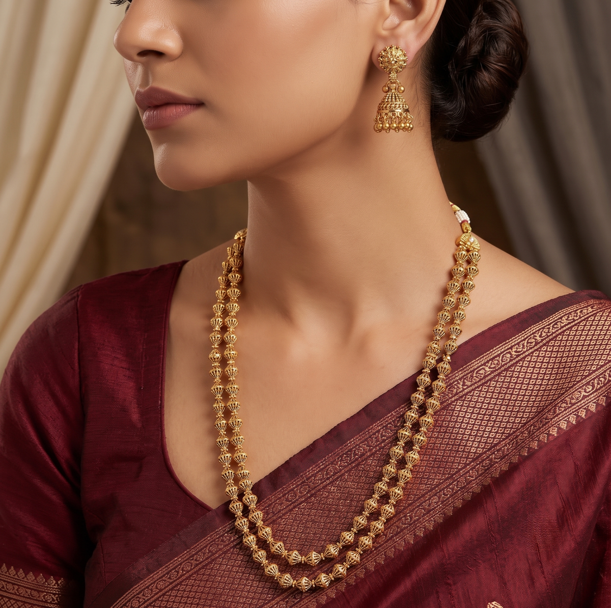Traditional Gold-Plated Beaded Long Mala Set with Jhumkas