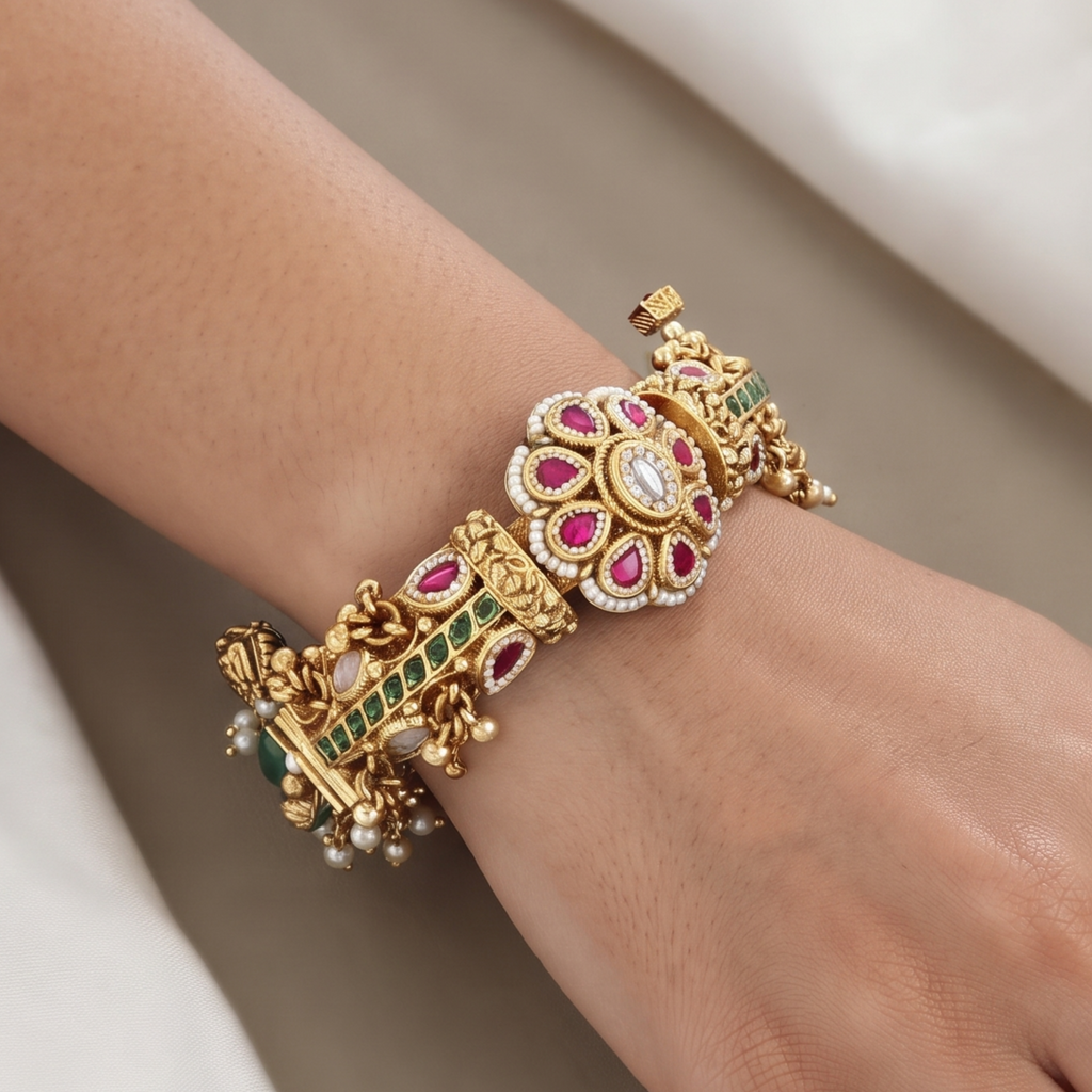 Designer Floral Gold Bracelet with Ruby & Emerald