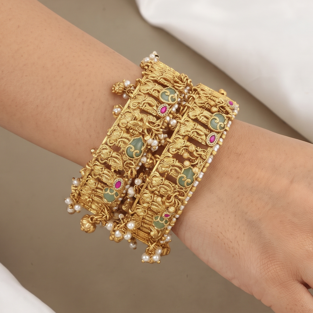 Antique Gold Gemstone & Pearl Patla Bangles Patla Set