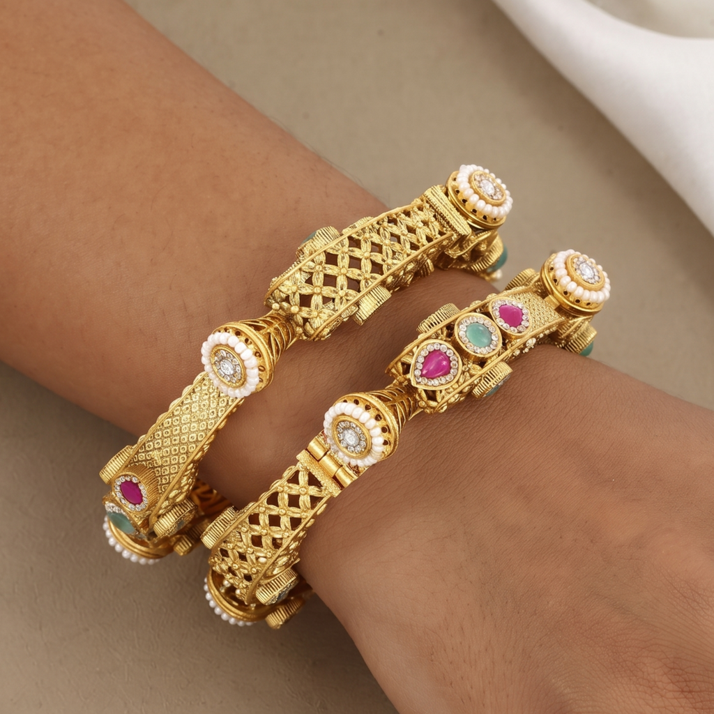 Lattice Gold Bangles with Ruby & Pearl Accents