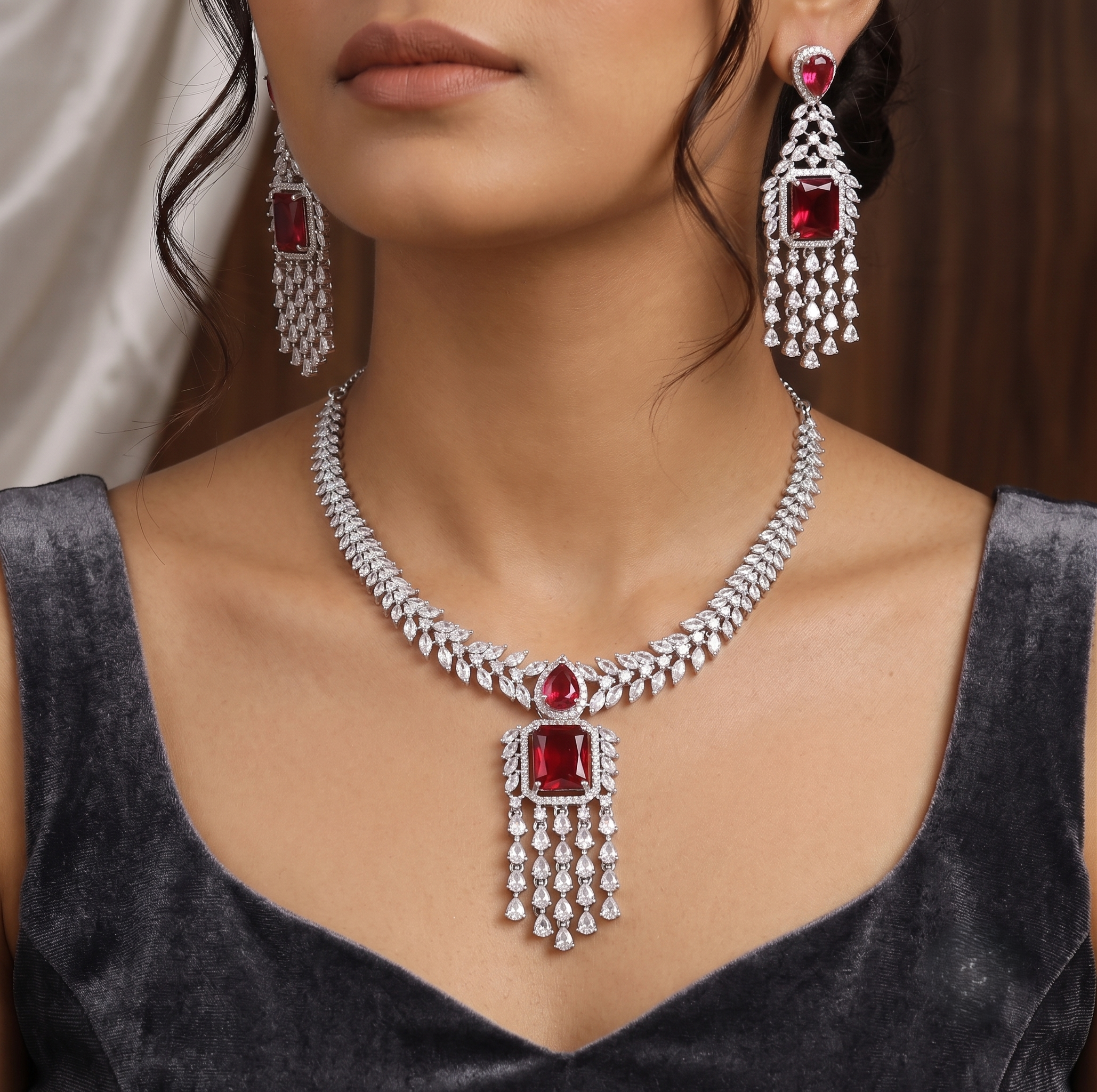 Silver Polished American Diamond Necklace Set with Earrings