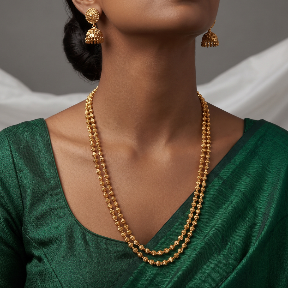 Multi-Strand Gold-Plated Beaded Long Mala Set with Jhumkas