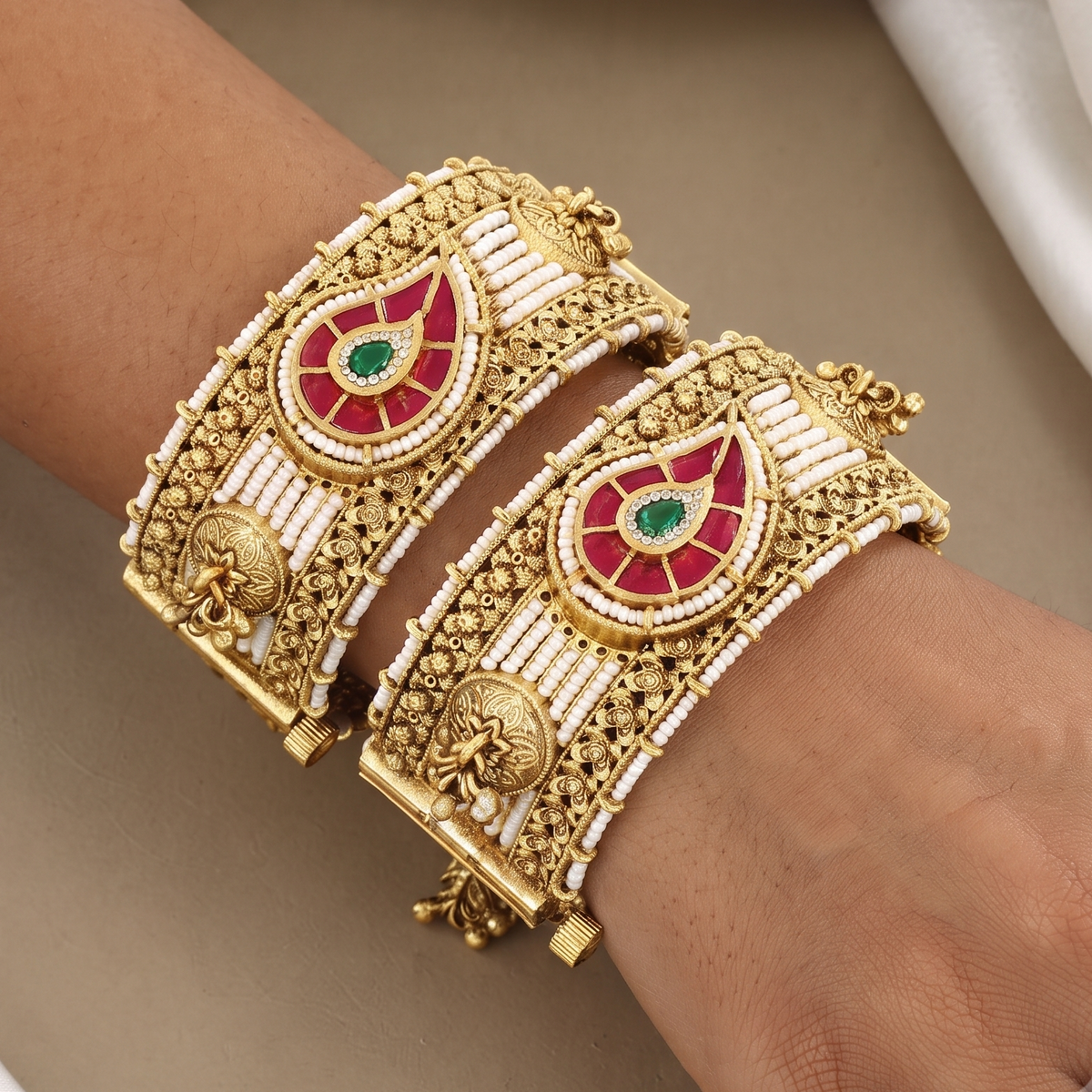 Paisley Ruby & Emerald Gold Patla Bangles Patla Set