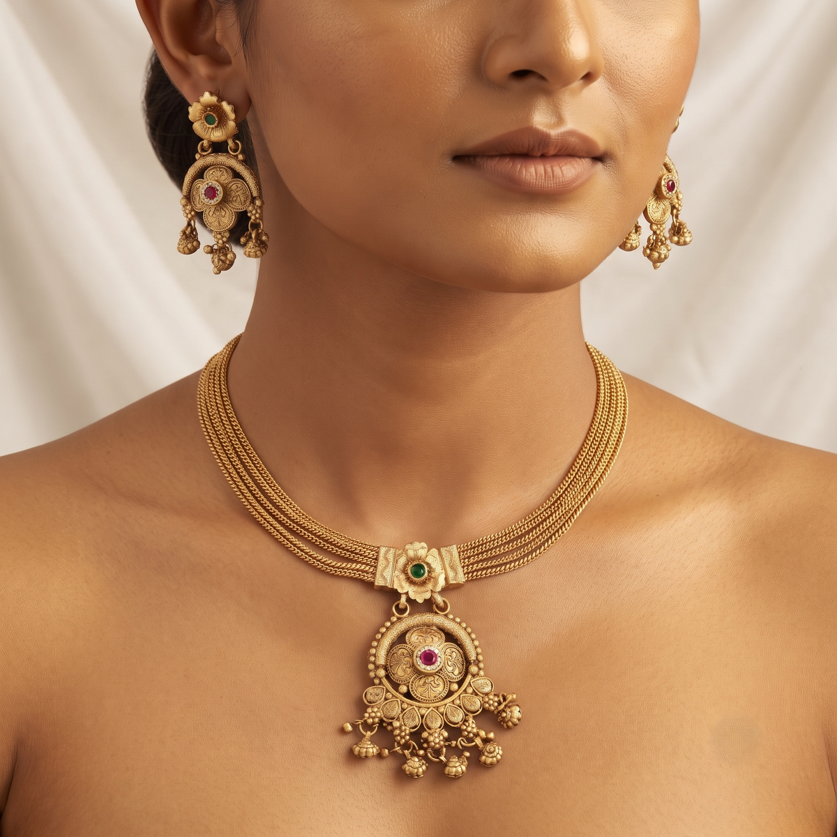 Traditional Gold-Plated Multi-Strand Stone Pendant Necklace Set
