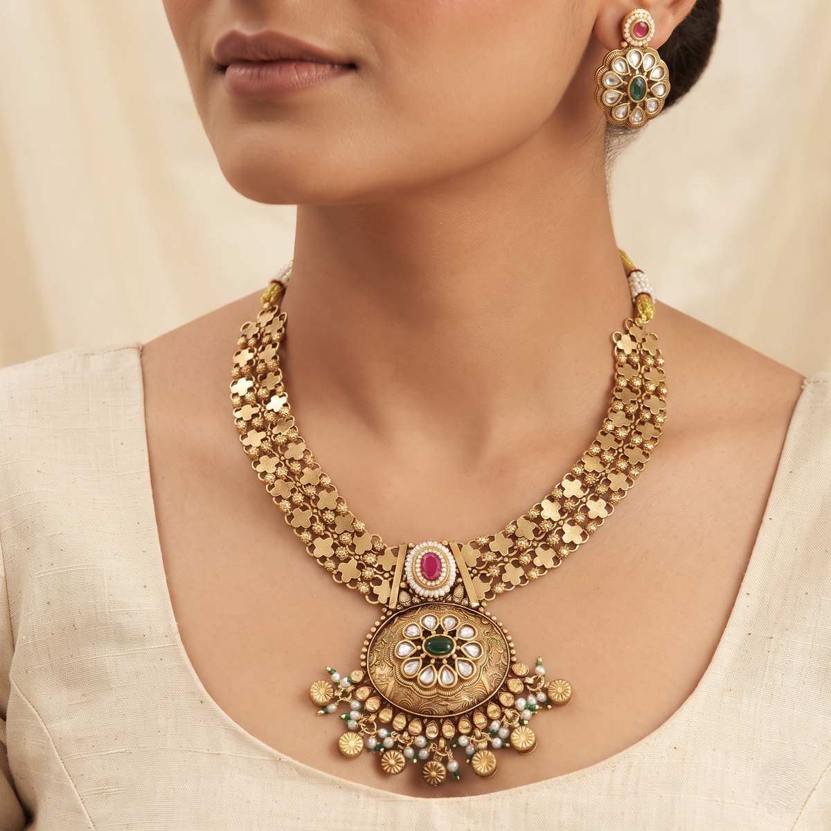Traditional Gold-Plated Multi-Strand Pendant Necklace Set