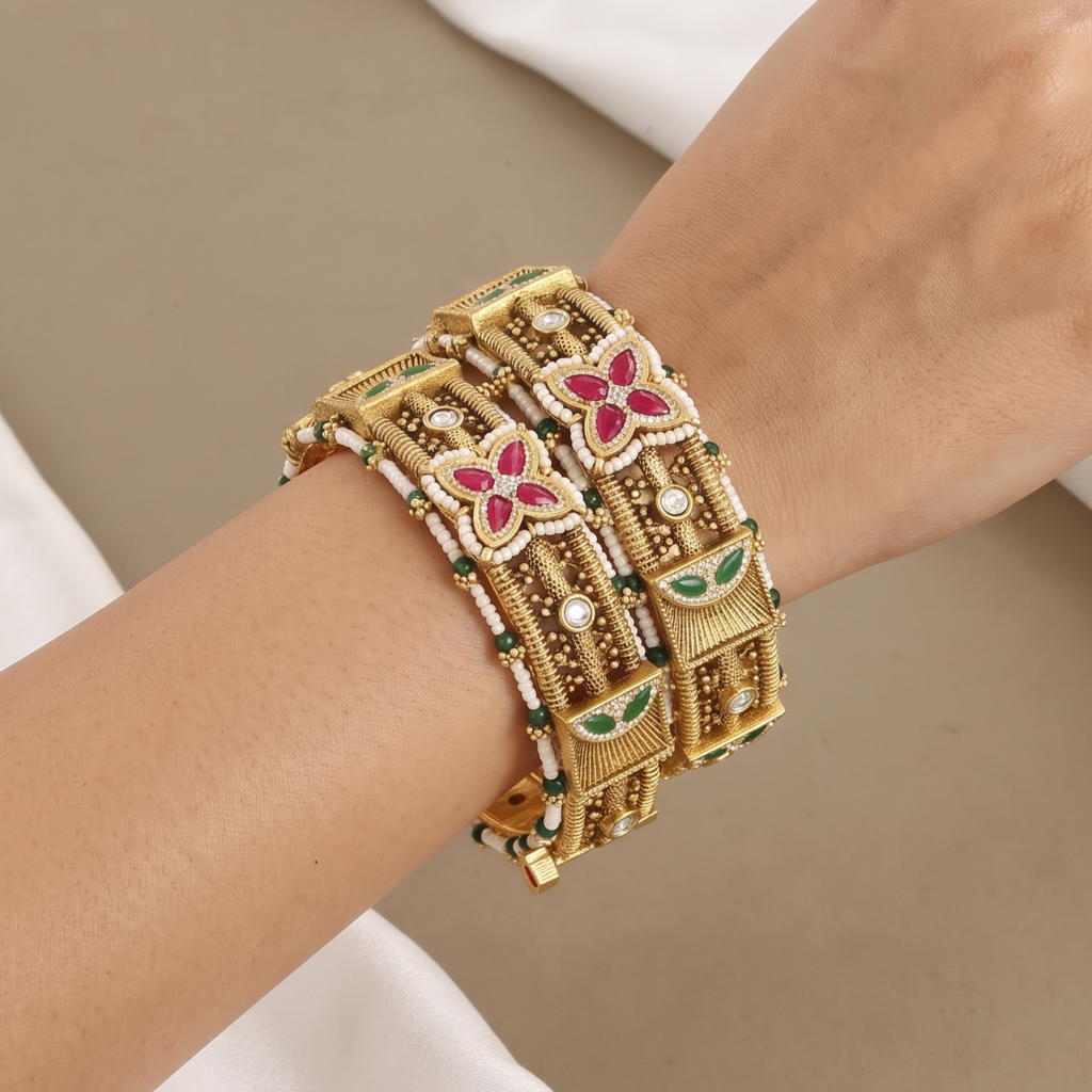 Ruby, Emerald & Pearl Gold Bangles Wedding Patla Set