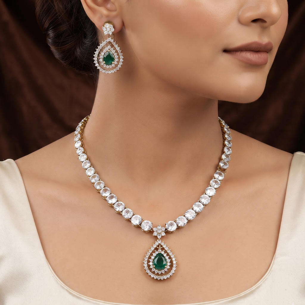 Crystal Line & Emerald Teardrop Pendant Necklace Set