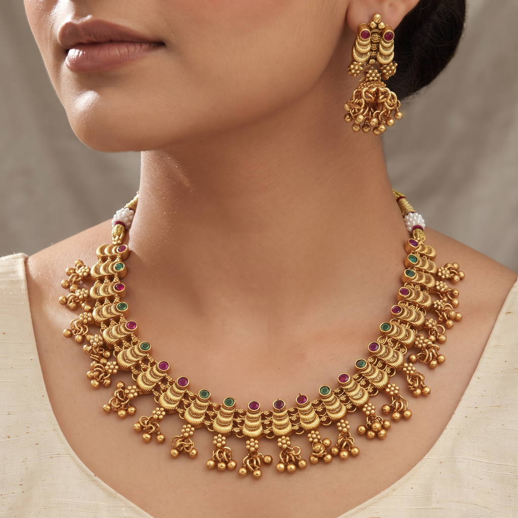 Traditional Gold-Plated Crescent Stone Choker Necklace Set