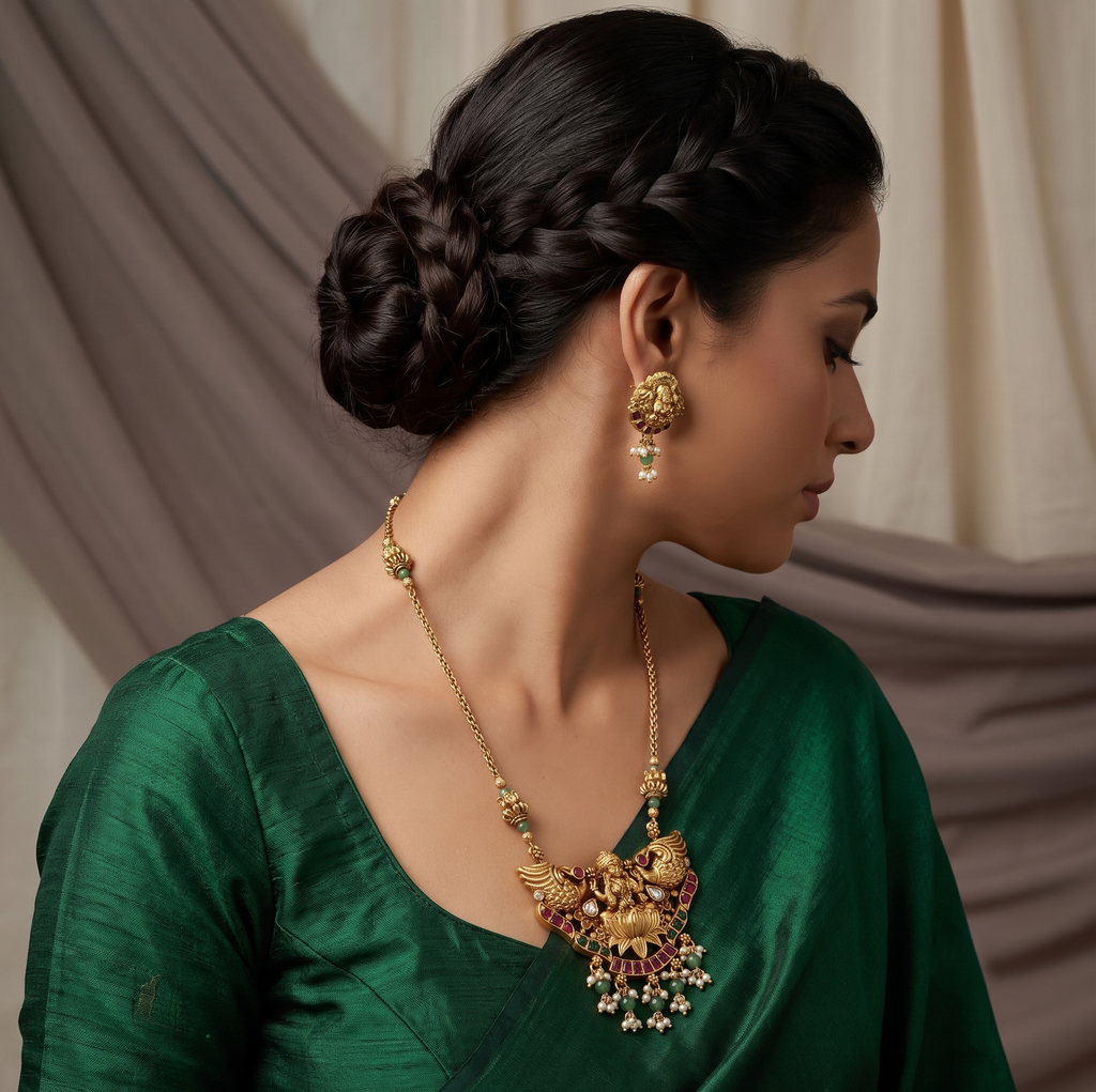 Traditional Gold-Plated Lakshmi & Peacock Temple Necklace Set